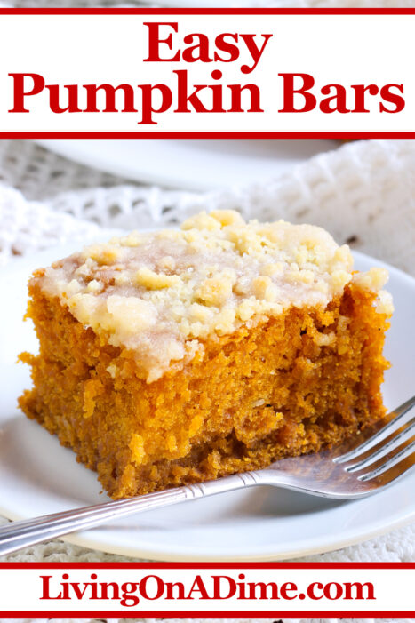 This easy pumpkin bars recipe makes super delicious spice bars with a cake like consistency! It's a wonderful treat and a great way to use pumpkin!