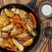 This easy roast chicken recipe is a tasty chicken dinner recipe you can make with just 5 minutes prep time! Add sliced veggies like potatoes, carrots, peppers and onions for a complete one pan meal!
