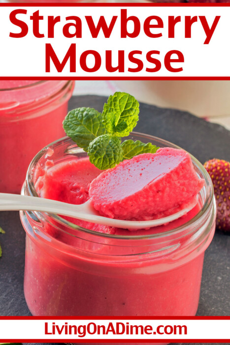 This easy strawberry mousse recipe makes a super yummy and creamy strawberry flavored mousse! Light and fluffy, it's perfect served as-is, but if you like you can top with more whipped cream or swirl it together with the chocolate mousse recipe below! Get this and more Valentine's Day candy recipes here!