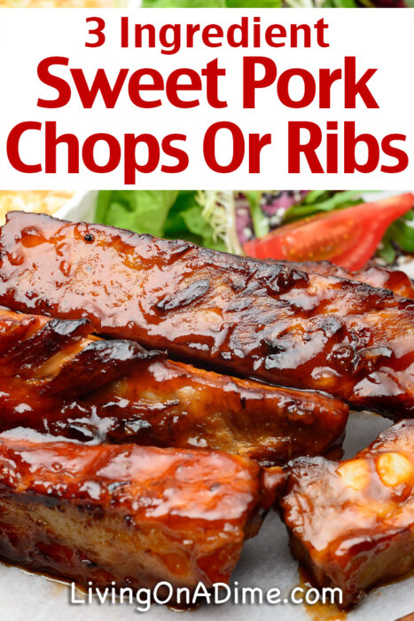 This easy 3 ingredient sweet pork chops recipe makes tangy and delicious pork chops your family will love! It's also great as a tangy ribs recipe for fall off the bone ribs! Just 5 minutes prep time and the crockpot does the rest!