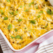 This green chili chicken pasta recipe is an easy Mexican themed dish your family will love. It's an easy casserole with a more lively Mexican twist than you'll find in a typical pasta dish!