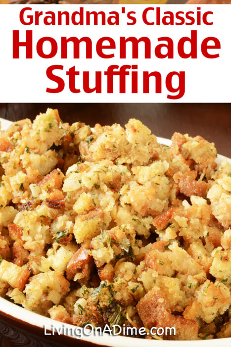 This is my grandmother's classic Thanksgiving stuffing recipe! This is a yummy Thanksgiving traditional stuffing recipe made with bread, sausage and more and everyone loves it!