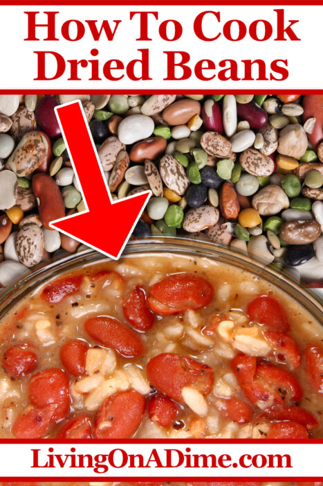 In this post, you'll learn how to cook dry beans. Dried beans are easy to store but many people are hesitant to buy them because they're not sure how to prepare the beans. This easy dry beans recipe makes it easy to cook dried black beans, dried pinto beans, dried kidney beans and more. We have also included an easy refried beans recipe and a red beans and rice recipe!