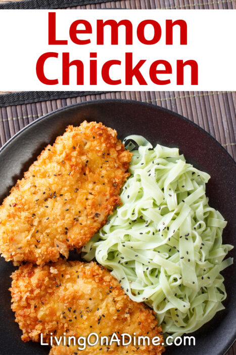 This breaded, pan fried lemon chicken recipe with bell peppers over pasta makes a quick and easy chicken dinner you can make for under $5!