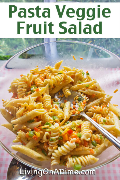 This easy pasta veggie fruit salad recipe makes a cool and delicious pasta salad you're sure to love. This one dish meal is a wonderful dish to make up in the morning. Then, when dinner time comes and everyone is hot and tired, just set this dish on the table. Voila! Dinner is served.