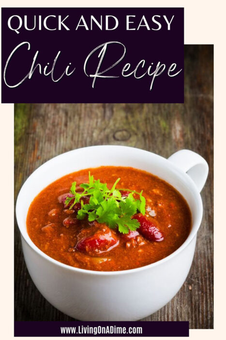 This quick and easy chili recipe makes a tasty mild chili perfect for cool days! This is one of my favorite easy dinner recipes for family meals. Because it is a mild chili, most kids will eat it. Serve with crackers, corn bread or garlic bread. It is also good served with sliced apples.