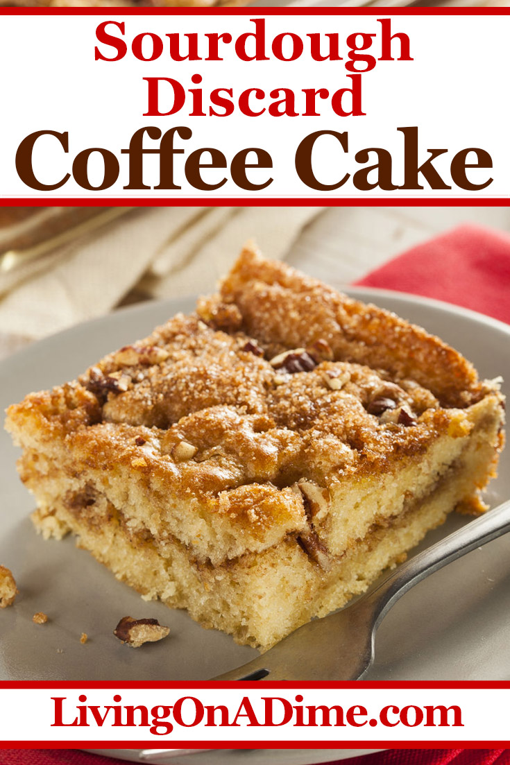 Did you know you can make coffee cake with sourdough? This easy sourdough discard coffee cake recipe makes super delicious homemade coffee cake starting with a sourdough starter discard! Find this along with 6 easy sourdough discard recipes to make the most of your sourdough starter. Make pancakes, coffee cake, pizza dough and more!