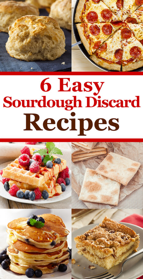 Here are 6 easy sourdough discard recipes to make the most of your sourdough starter. Make pancakes, coffee cake, pizza dough and more!