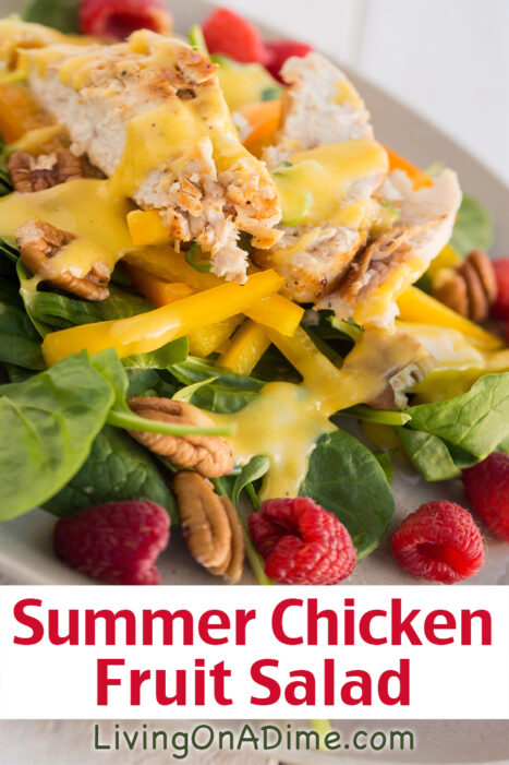 This summer chicken fruit salad recipe makes a light, cool and refreshing salad you're sure to enjoy. It is colorful and appealing and a perfect light meal for warm days! It's especially great as a leftover rotisserie chicken recipe or grilled chicken recipe because the rotisserie or grill makes a nice flavor which complements this tasty salad!
